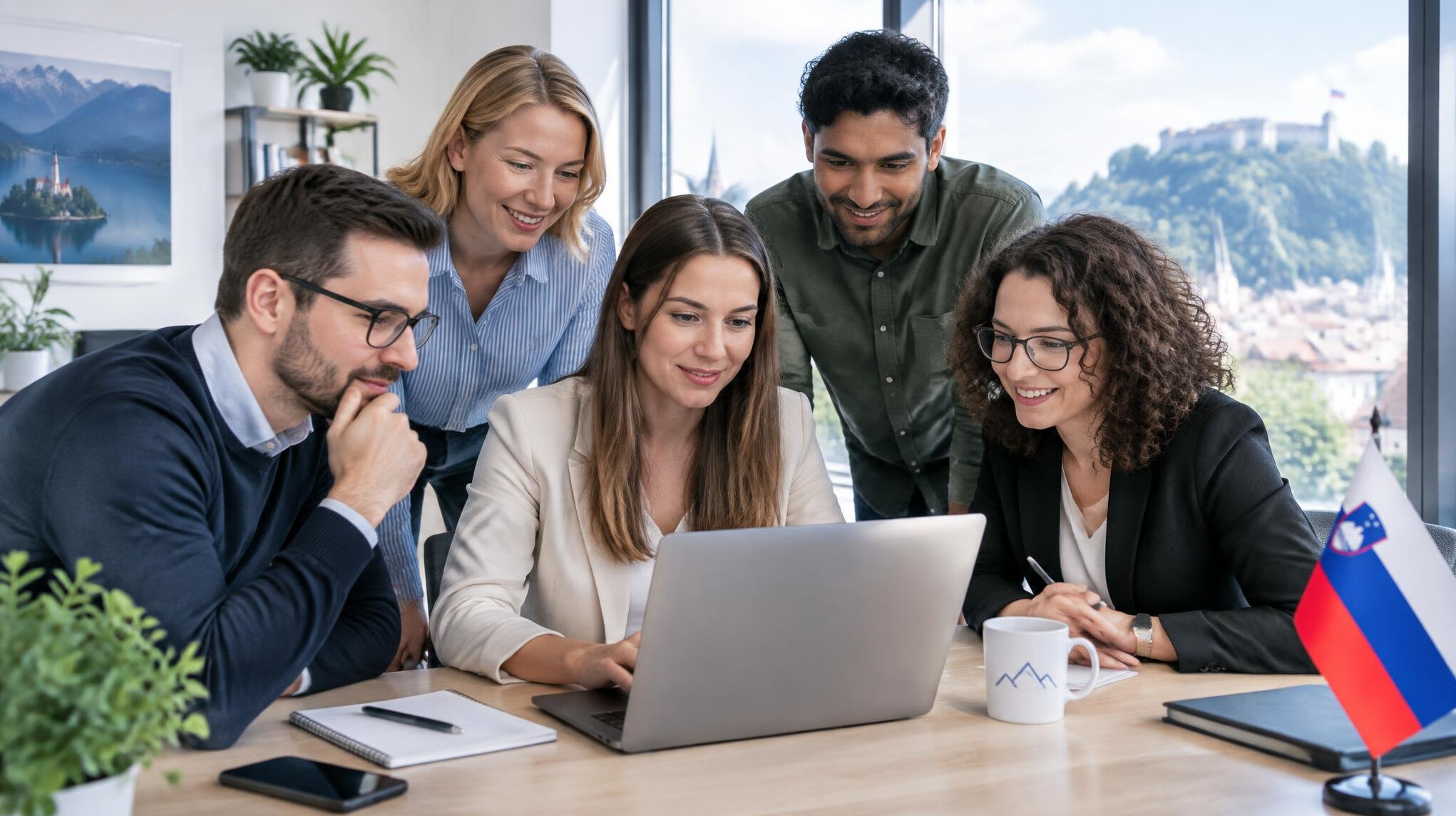 Team of corporate developers collaborating on a project in a modern office