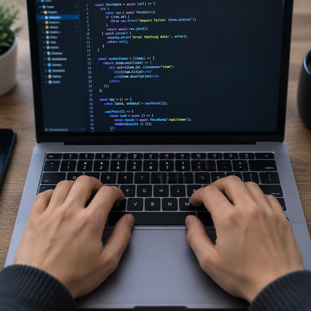 Close-up of hands typing on a laptop keyboard with code on screen