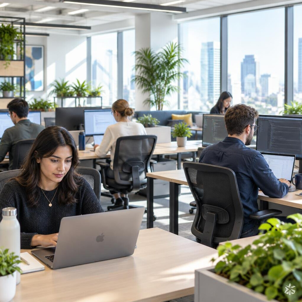 Modern open-plan office with employees working at desks