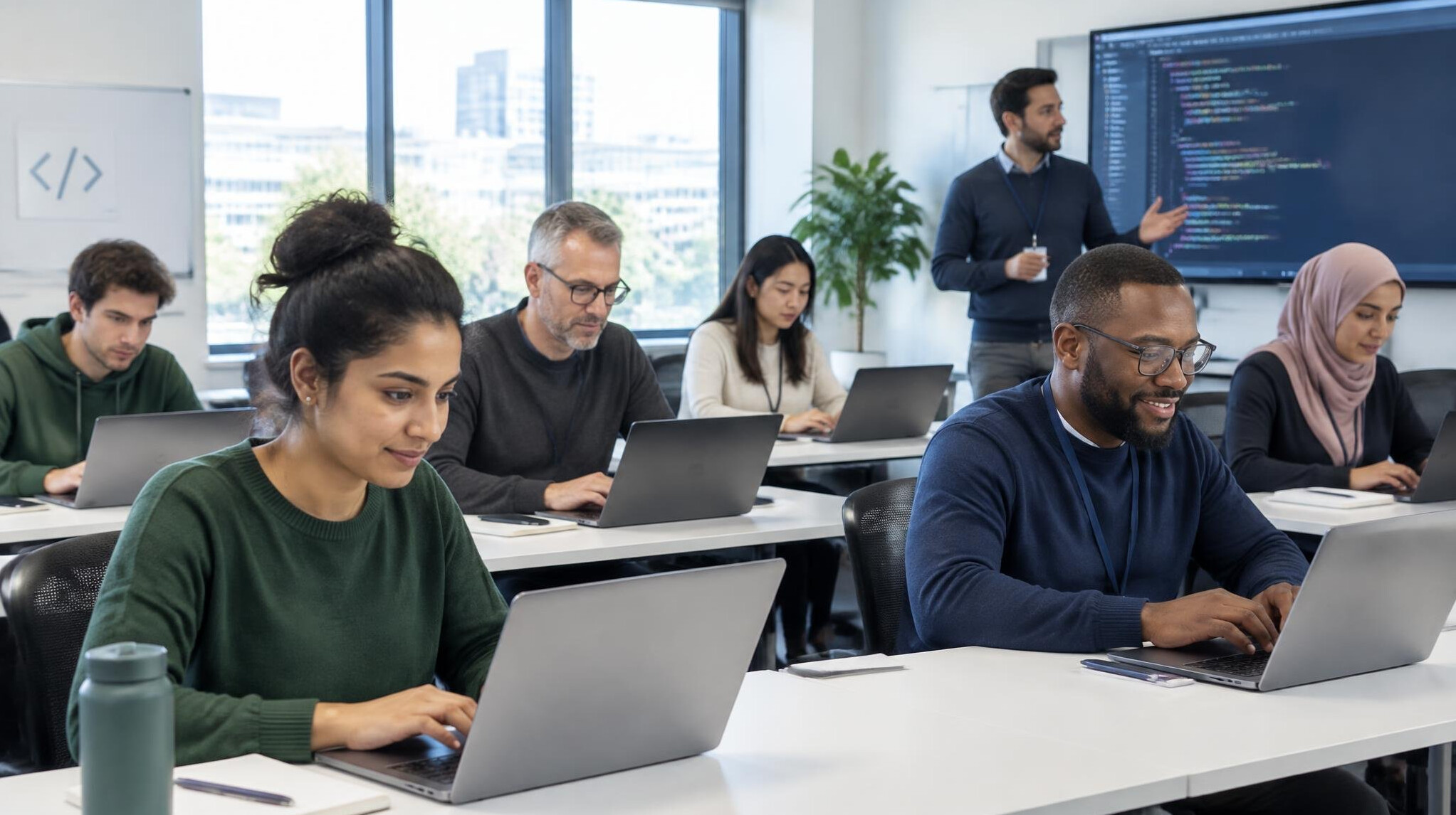 Group of employees attending a programming workshop with laptops