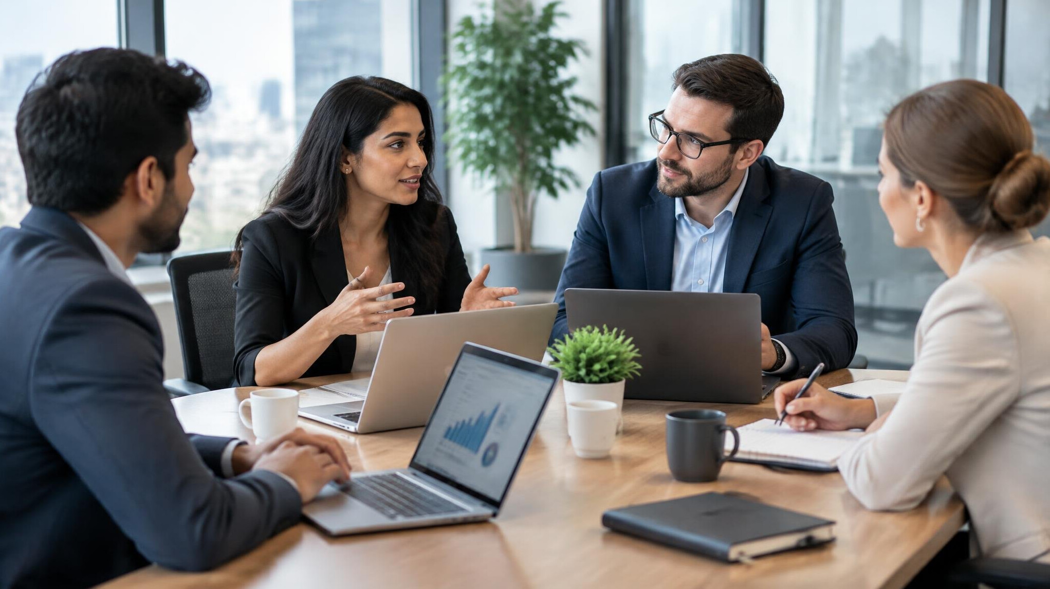 corporate team meeting with laptops