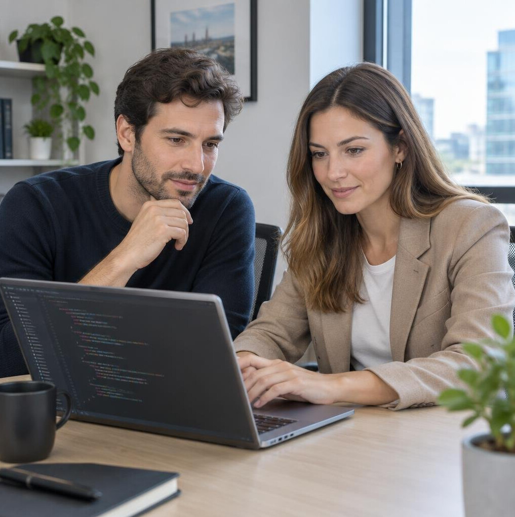 Small group of colleagues reviewing code together on a laptop