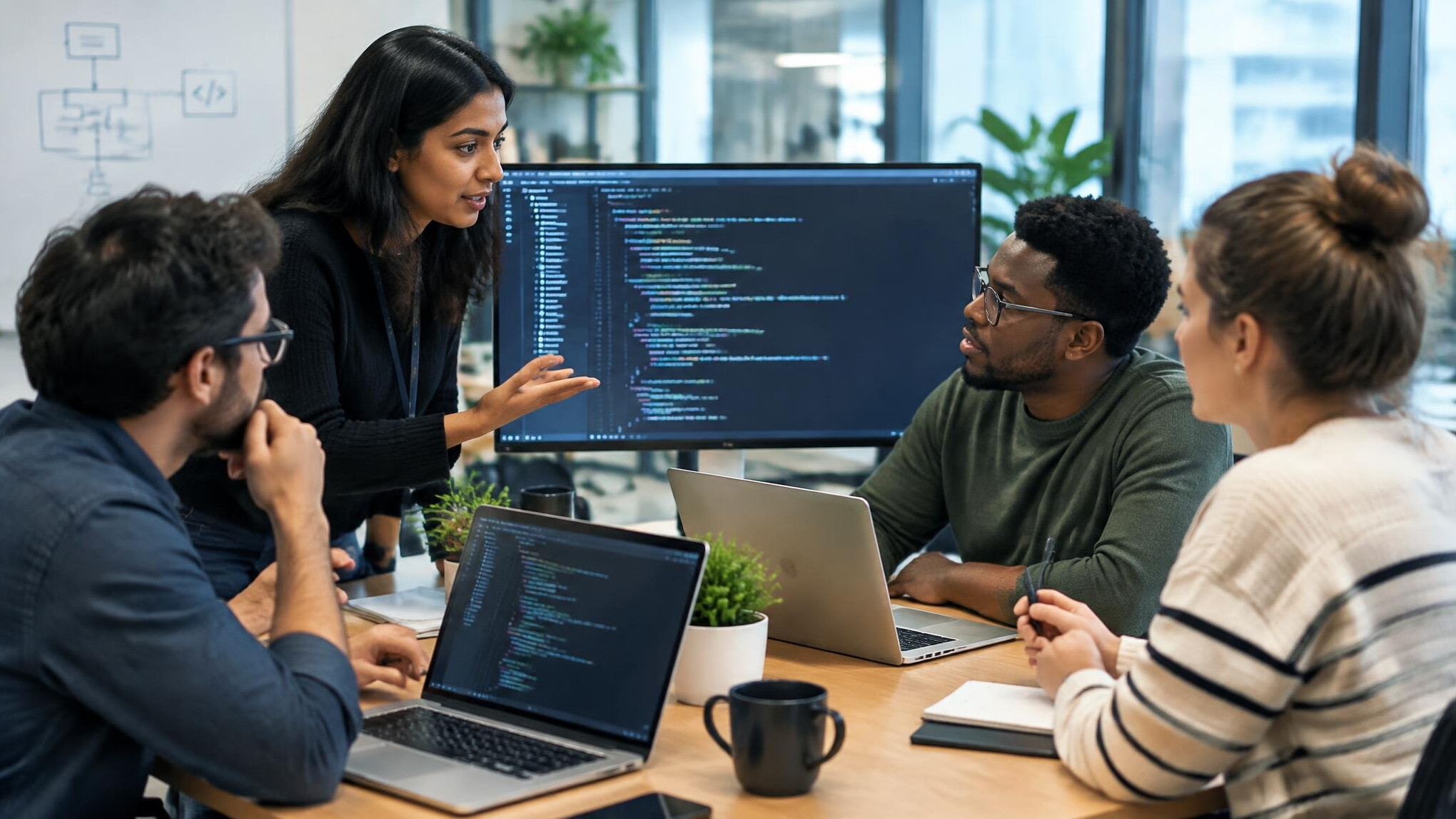 corporate team discussing software