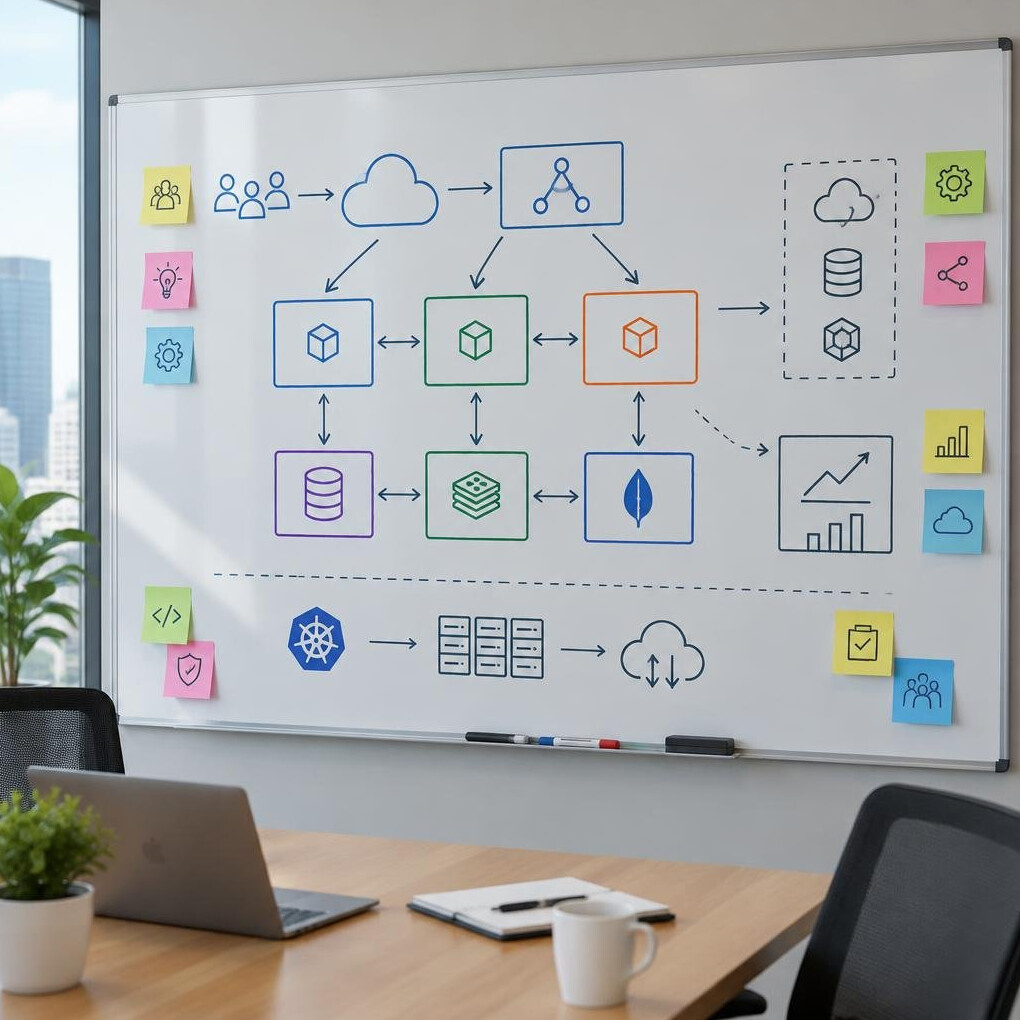 Whiteboard covered with software architecture diagrams and sticky notes